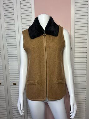 Lisa International Brown Wool-Blend Vest with Black Faux Fur Collar